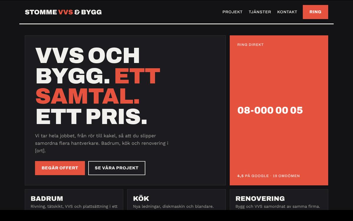 Startsida för en firma inom VVS och bygg med tunga versaler och rött ring-block