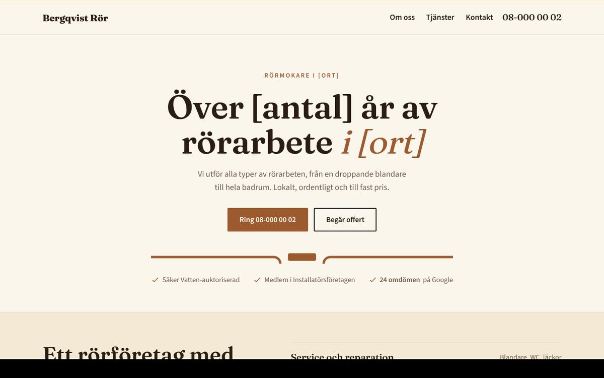 Startsida för ett traditionellt rörföretag med serif-rubrik på krämvit botten