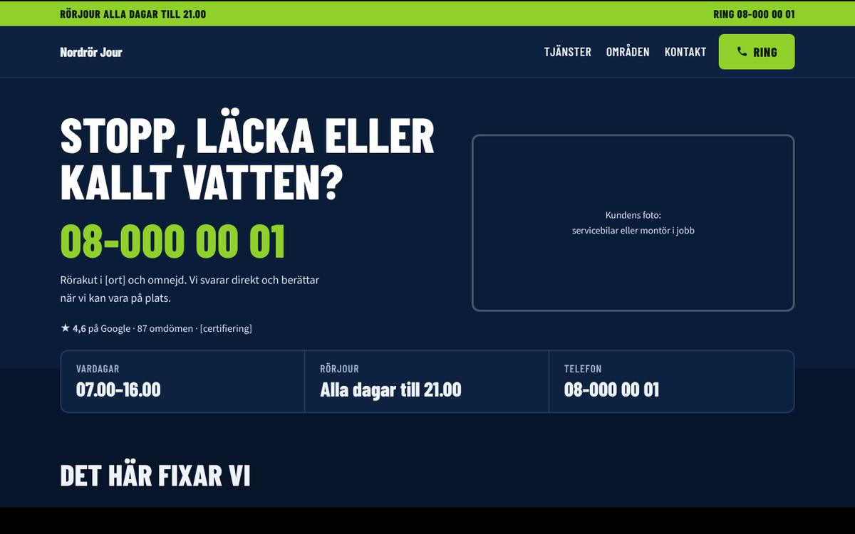 Startsida för en jourfirma: stort telefonnummer, limegrön jourbalk och öppettider