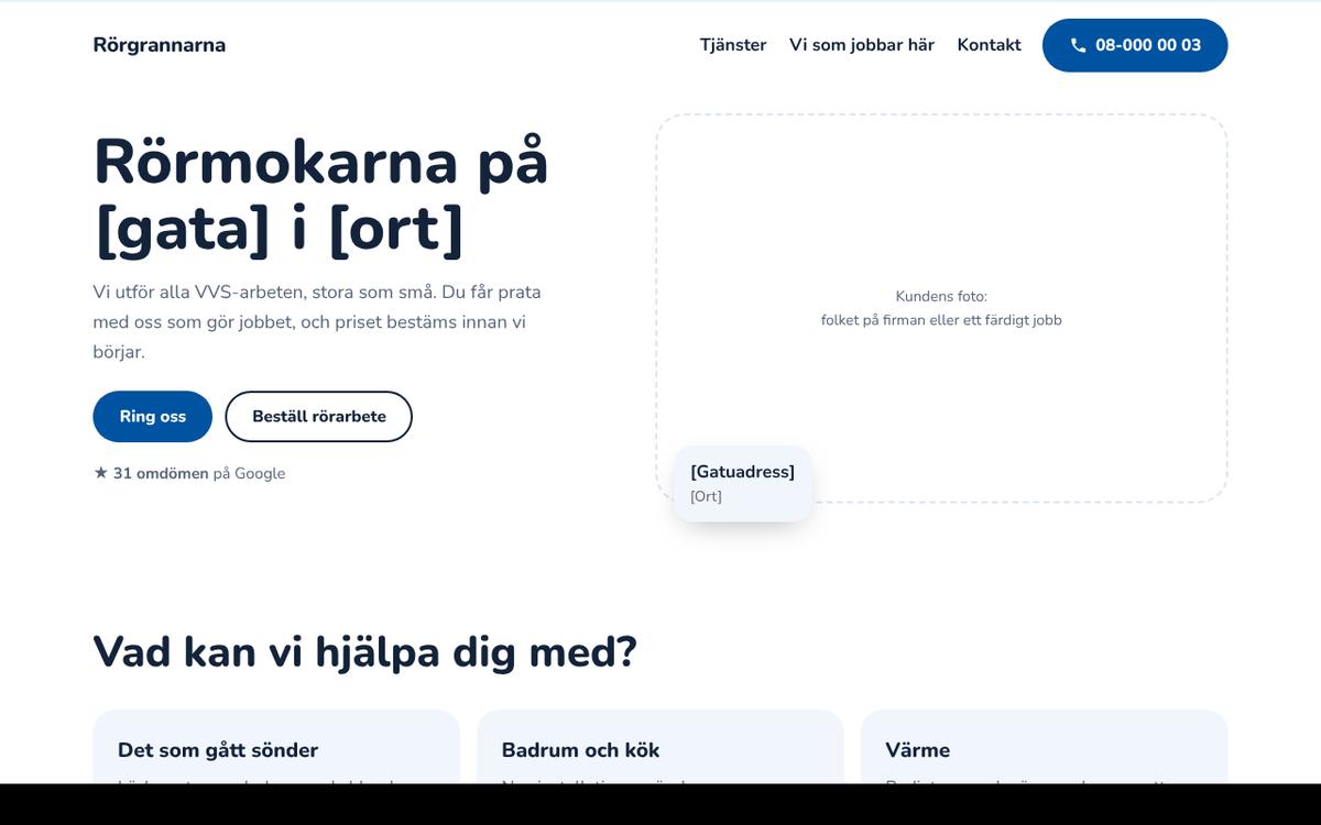 Startsida för en lokal rörfirma med foto och gatuadress