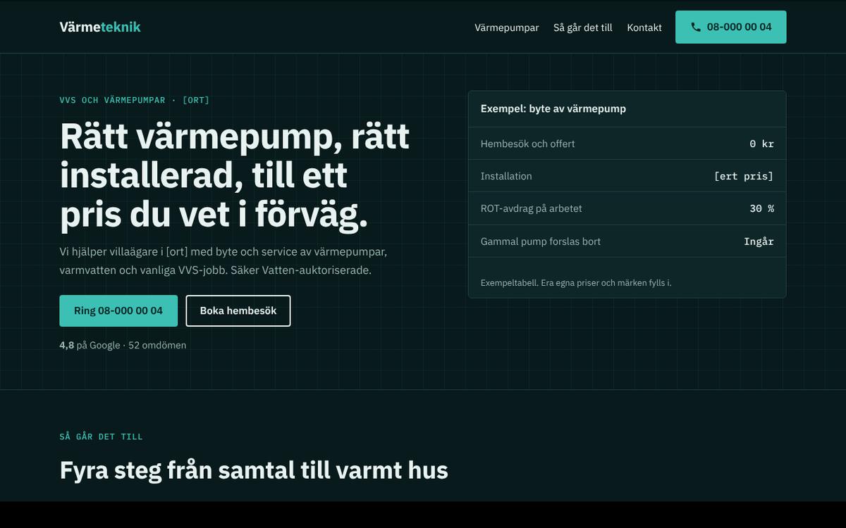 Startsida för en värmepumpsfirma med rutnät och pristabell